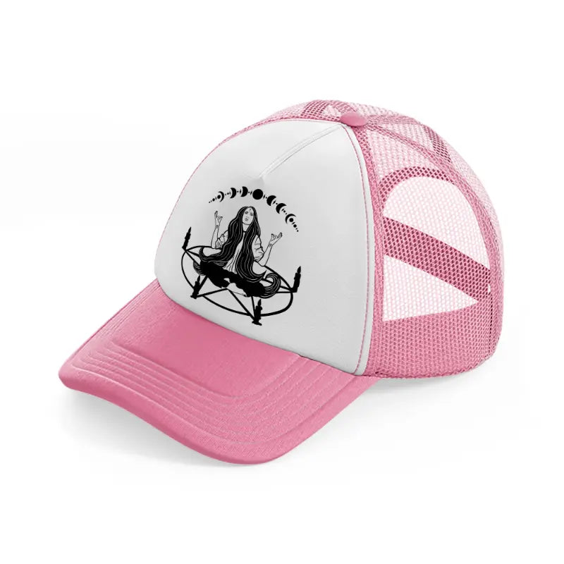 witch on pentagram pink and white trucker hat