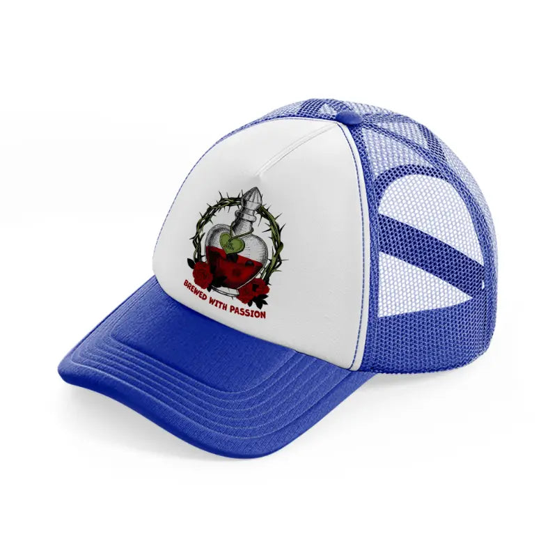 love potion brewed with passion blue and white trucker hat