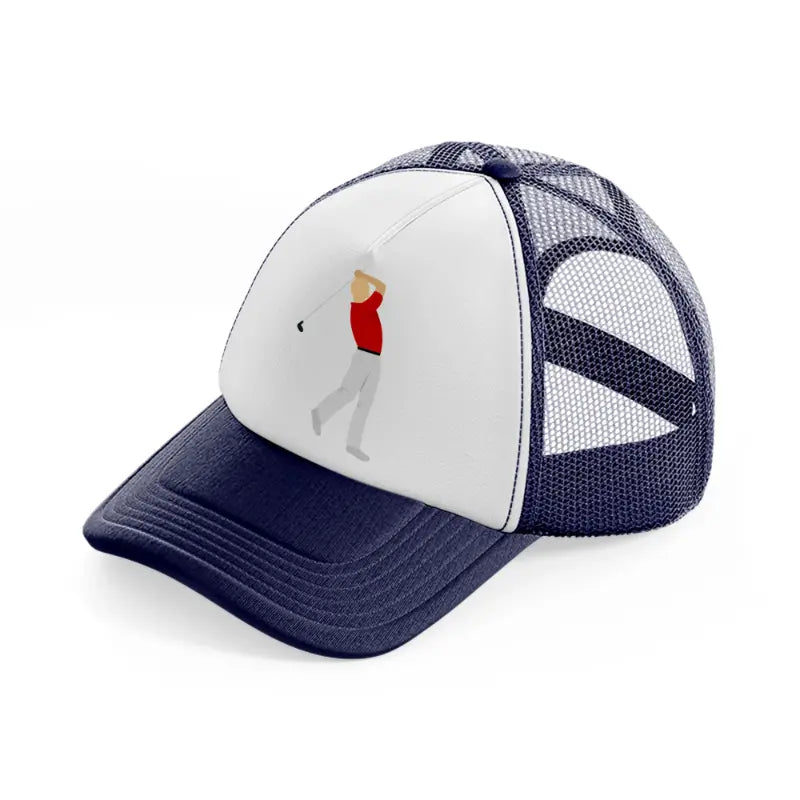 player red navy blue and white trucker hat