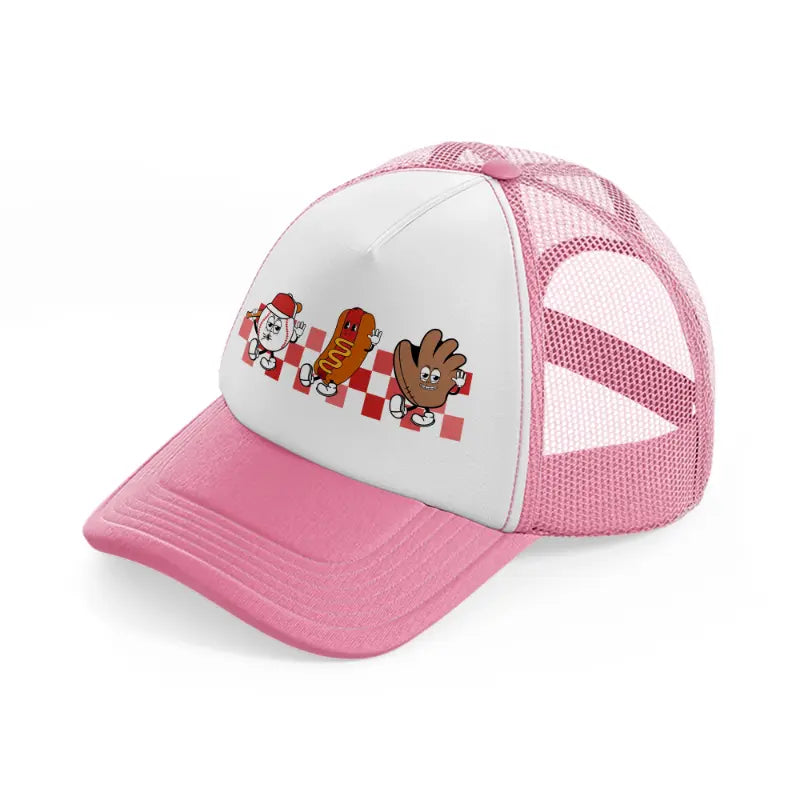 baseball cartoon characters pink and white trucker hat