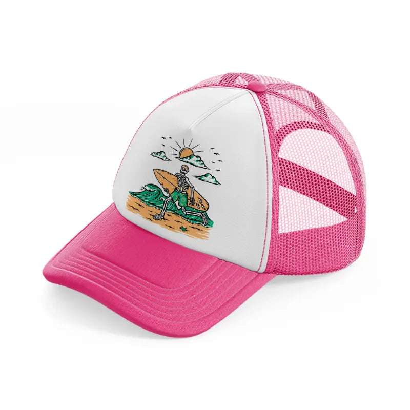 skeleton going to surf-neon-pink-trucker-hat