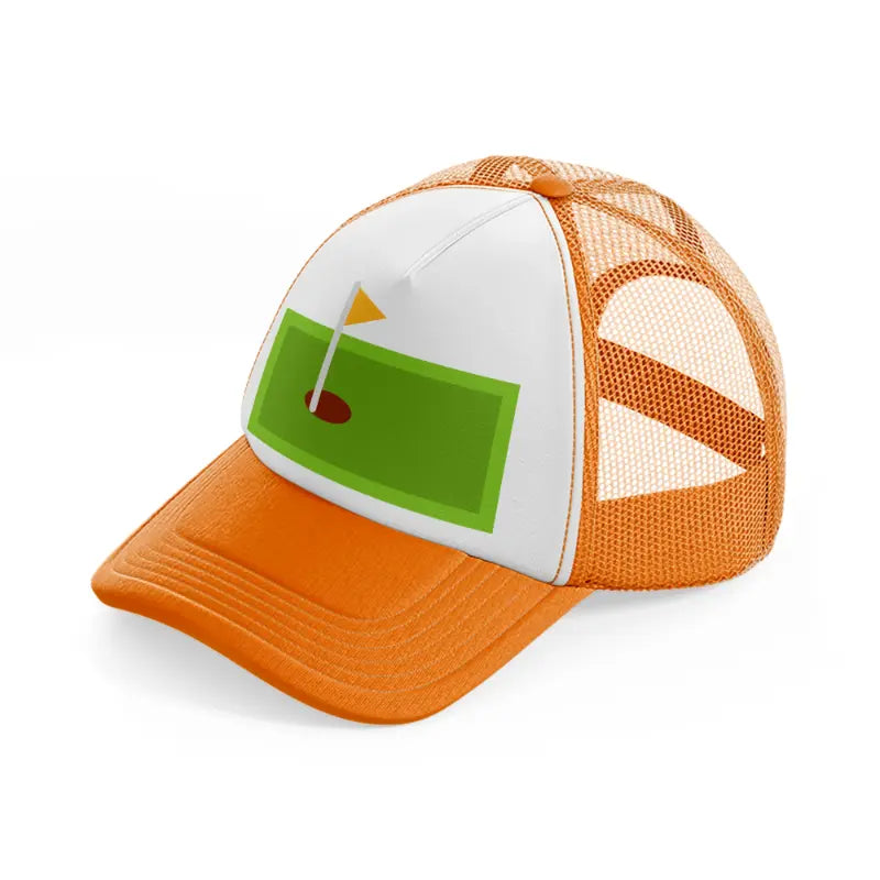 green mini golf field orange trucker hat