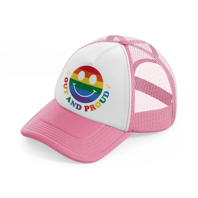 out and proud smile-pink-and-white-trucker-hat