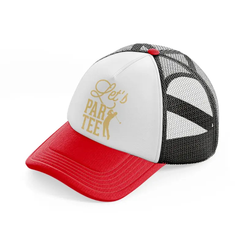 let's par tee golden-red-and-black-trucker-hat