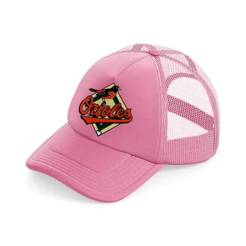 orioles badge-pink-trucker-hat