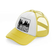 woman fishing at lake-yellow-trucker-hat