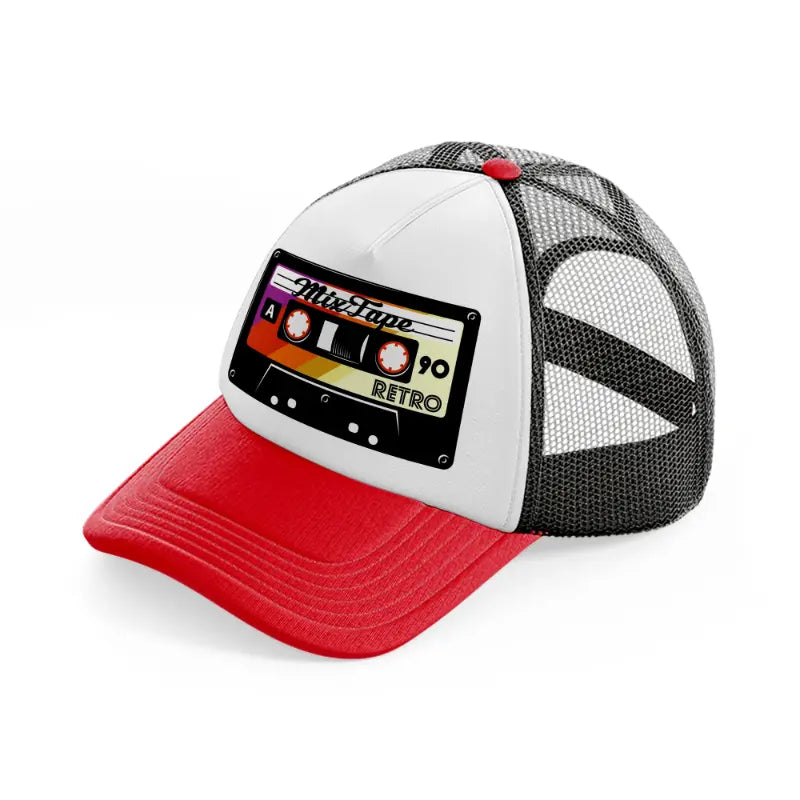 cassette tapes red and black trucker hat