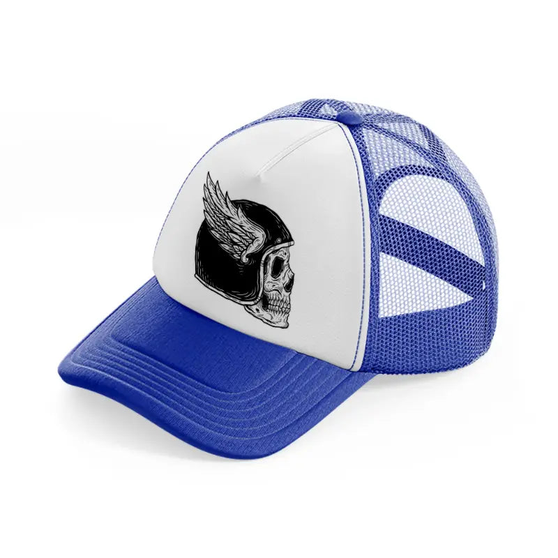 dark skull helmet with wing art-blue-and-white-trucker-hat