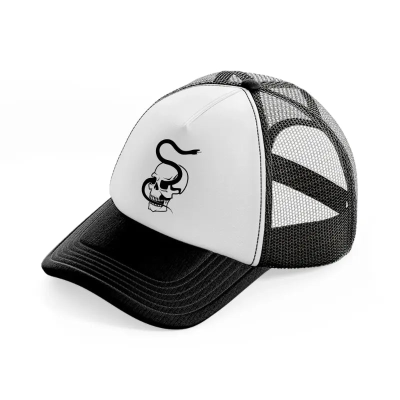skull with snake-black-and-white-trucker-hat