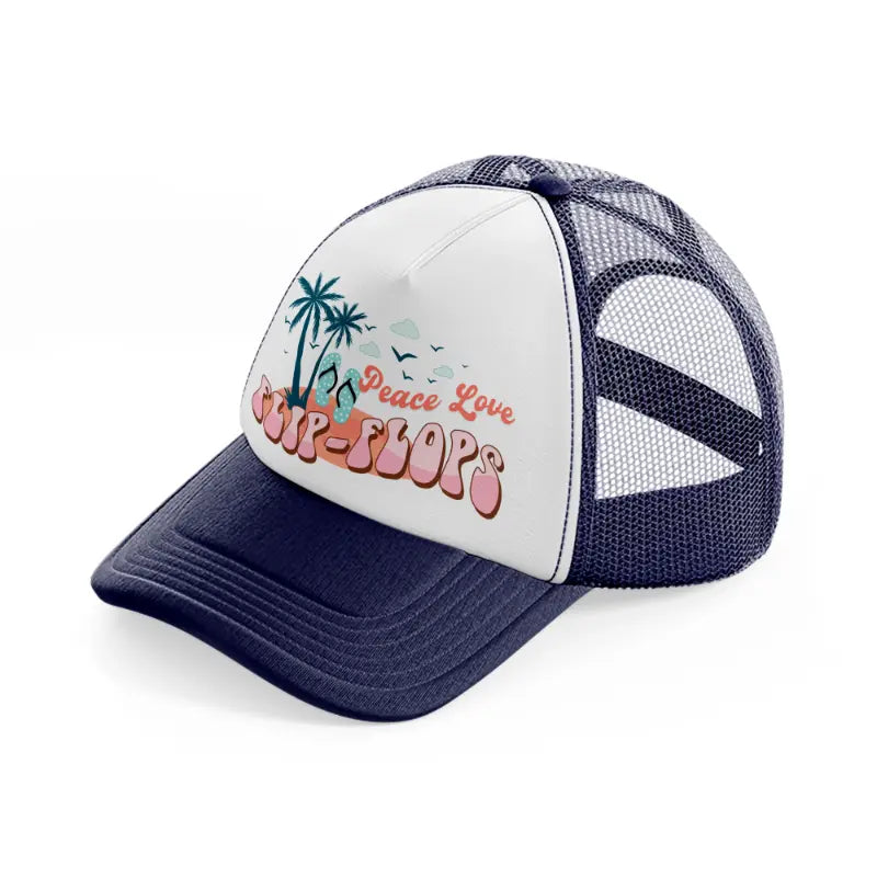 peace love flip flops navy blue and white trucker hat