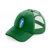 golfer taking shot green trucker hat