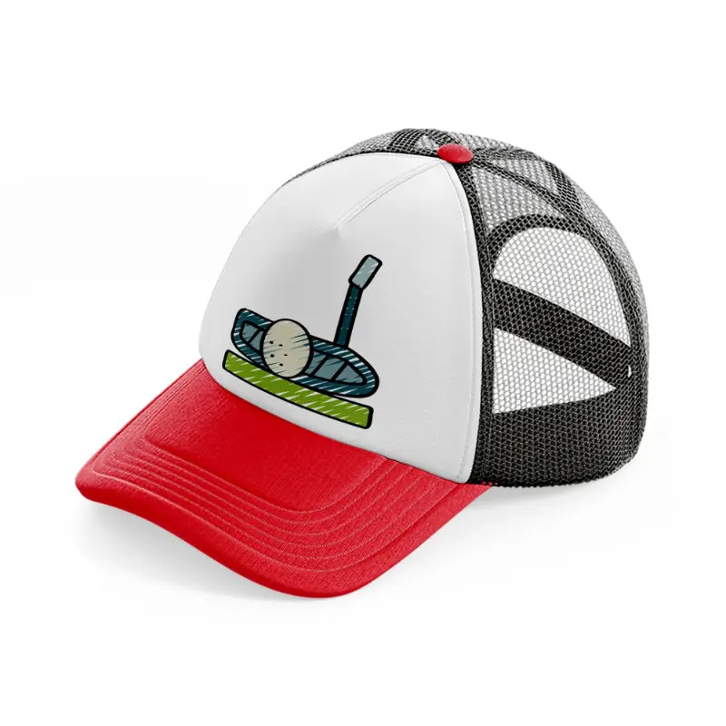 golf ball with stick-red-and-black-trucker-hat