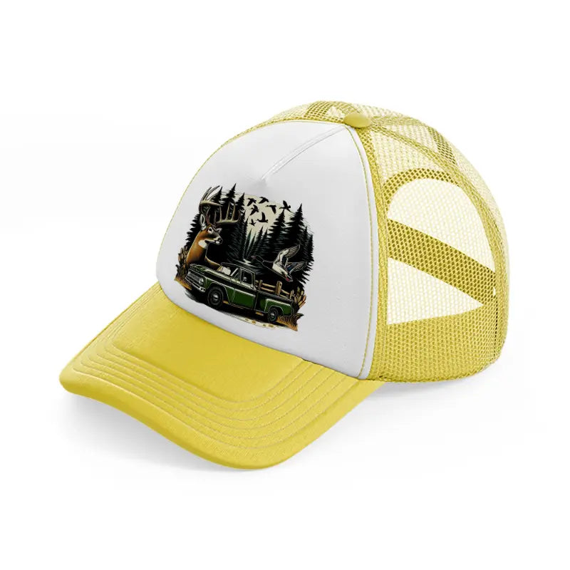 deer car wild yellow trucker hat