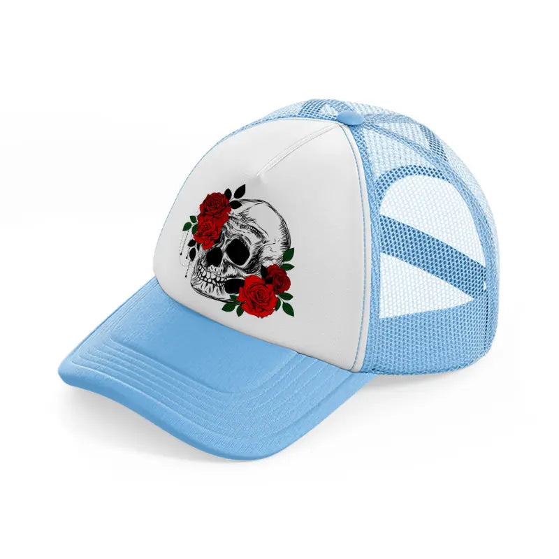 skull & roses sky blue trucker hat