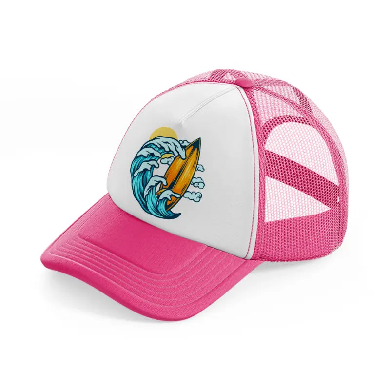 surfboard and summer waves-neon-pink-trucker-hat