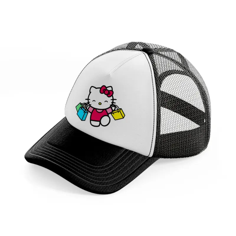 hello kitty happy shopping black and white trucker hat