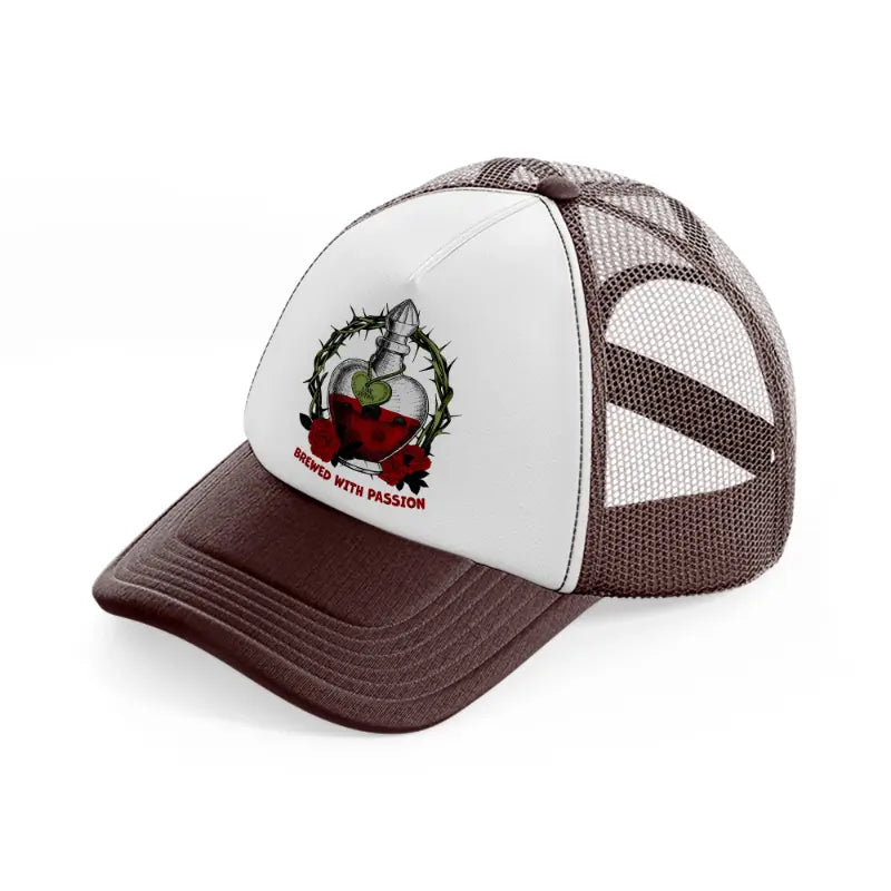 love potion brewed with passion brown trucker hat