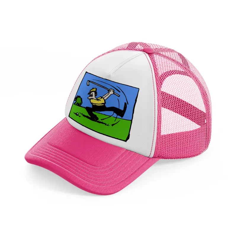 cartoon golfer-neon-pink-trucker-hat