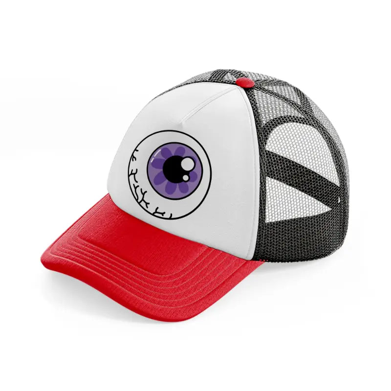 purple eyeball-red-and-black-trucker-hat