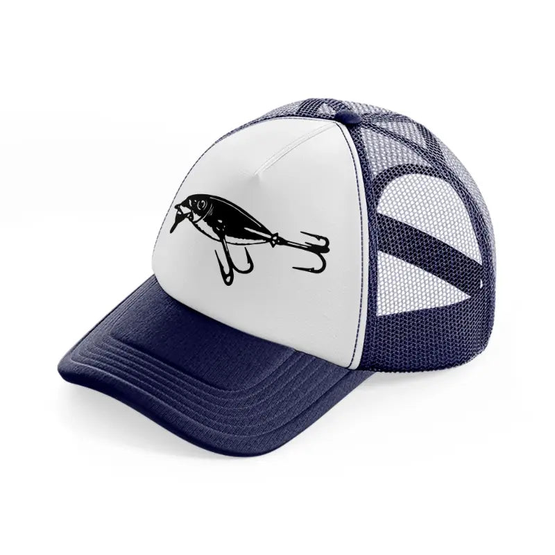 fish in a hook-navy-blue-and-white-trucker-hat