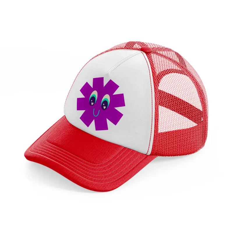 purple smiley flower-red-and-white-trucker-hat