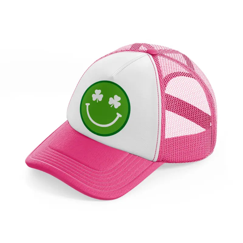 smiley face clover-neon-pink-trucker-hat