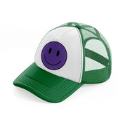 happy face purple green and white trucker hat