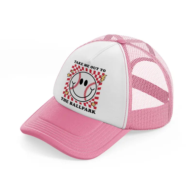 take me out to the ballpark-pink-and-white-trucker-hat