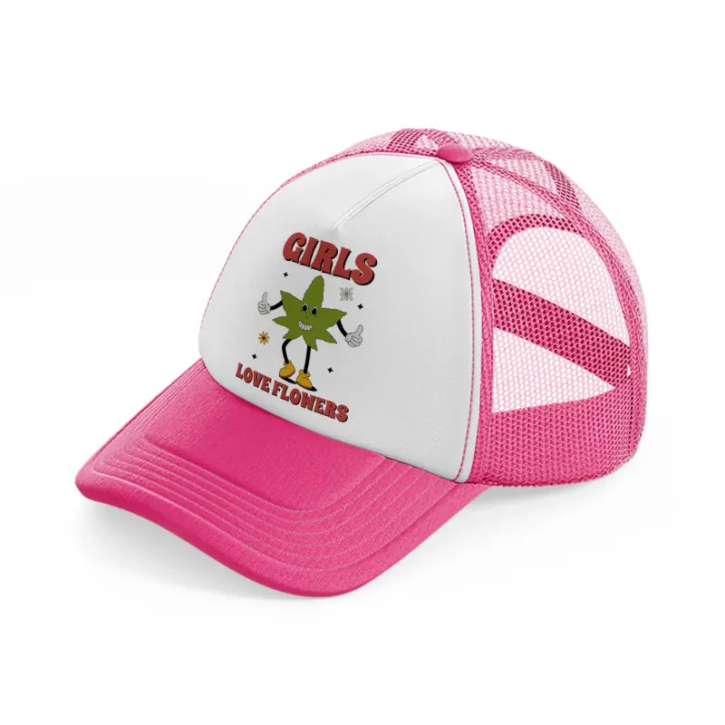 retro groovy 70s cannabis leaf character-neon-pink-trucker-hat