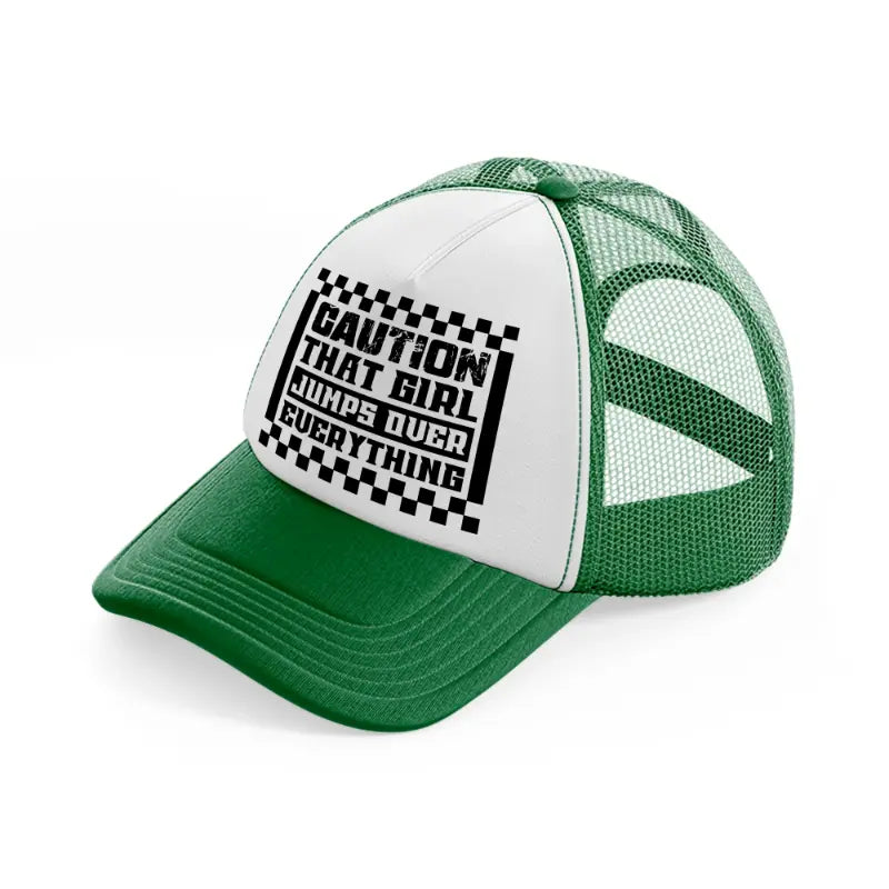 caution that girl jumps over everything-green-and-white-trucker-hat