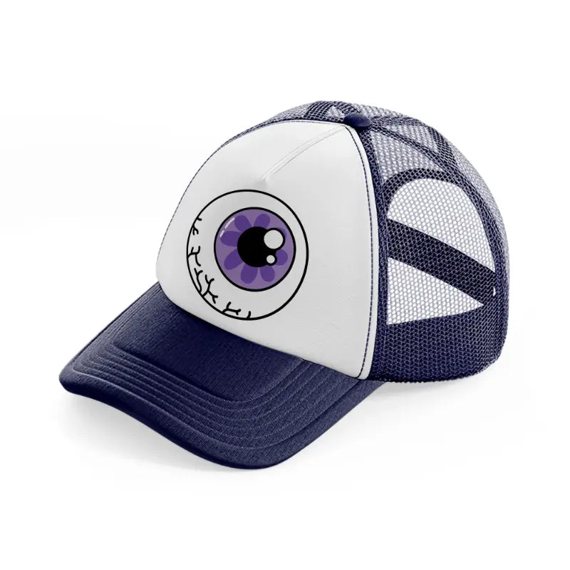 purple eyeball-navy-blue-and-white-trucker-hat