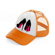 pair of stilettos orange trucker hat