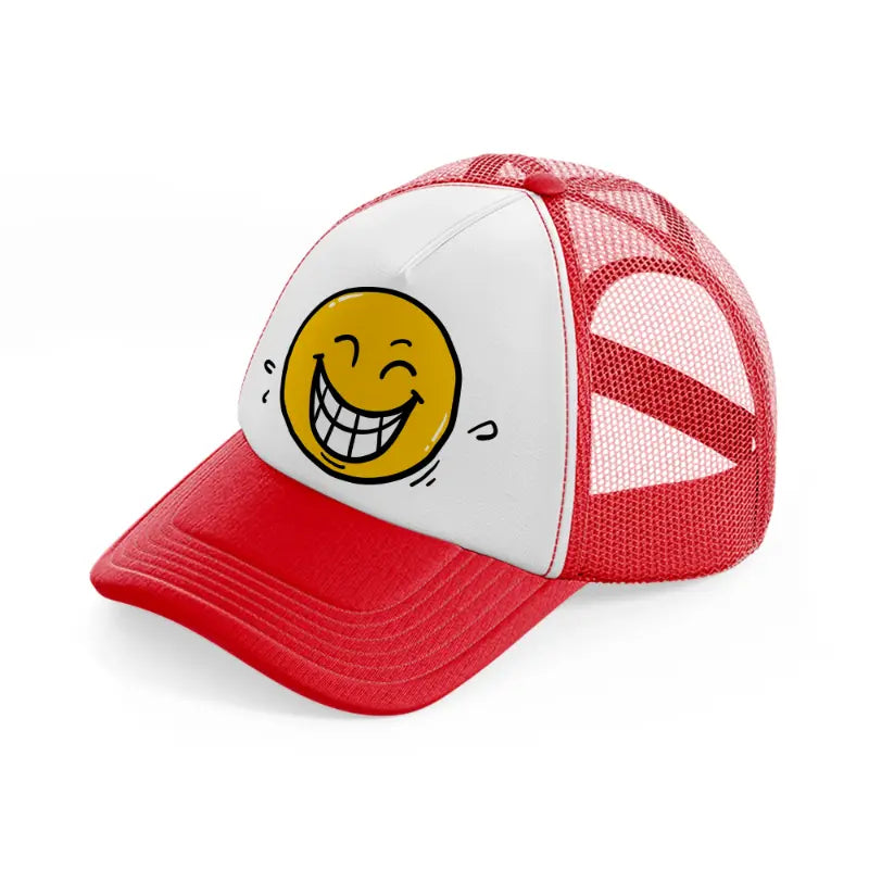 laughing smiley-red-and-white-trucker-hat