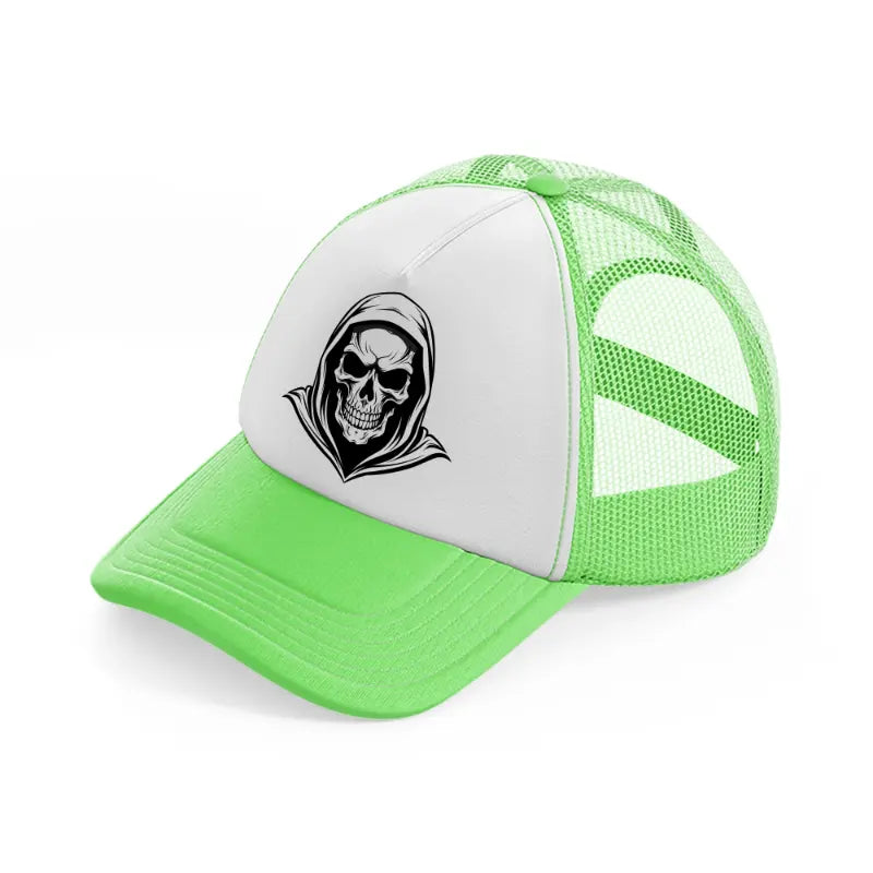 hoodied skull lime green trucker hat