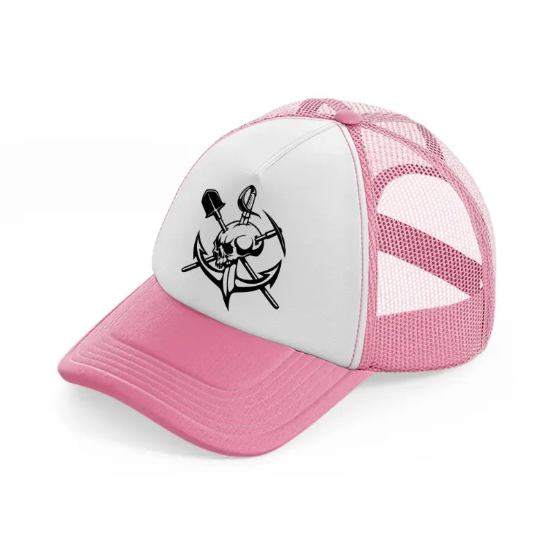 pirate skull symbol-pink-and-white-trucker-hat