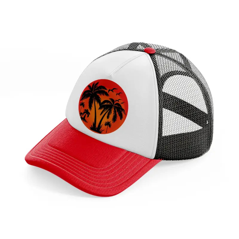 retro vintage sunset red and black trucker hat