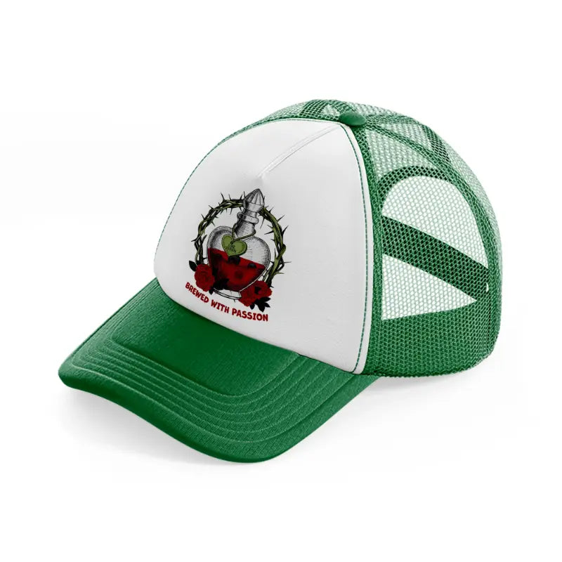 love potion brewed with passion green and white trucker hat