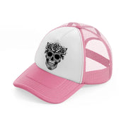 skull head flower  rose-pink-and-white-trucker-hat