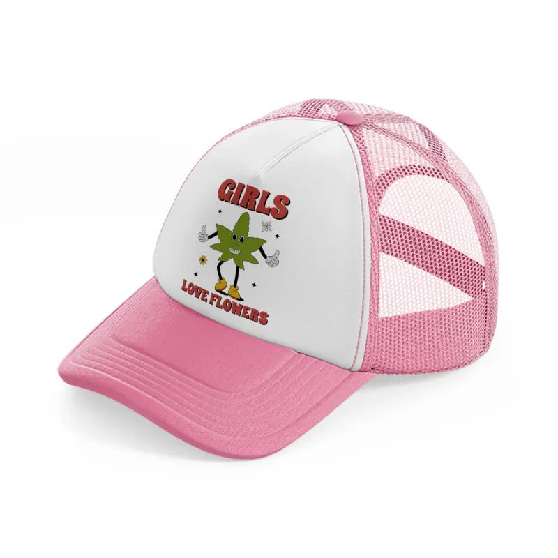 retro groovy 70s cannabis leaf character-pink-and-white-trucker-hat