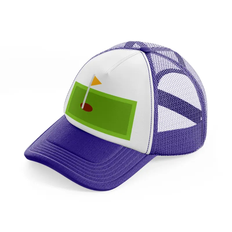 green mini golf field purple trucker hat