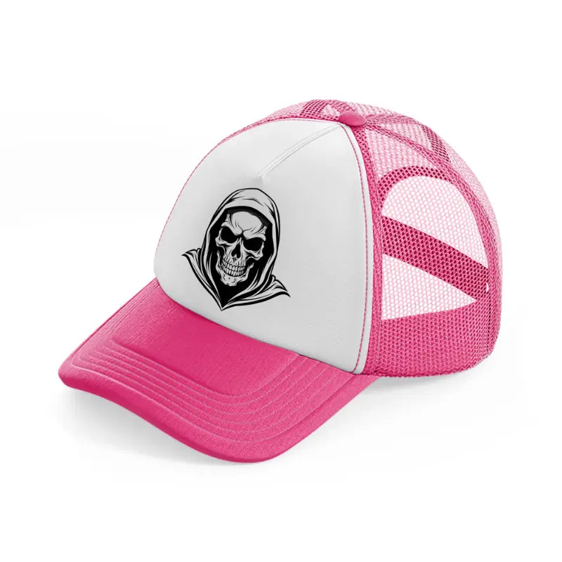 hoodied skull-neon-pink-trucker-hat