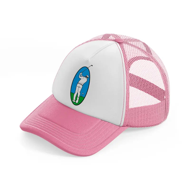 golfer taking shot pink and white trucker hat