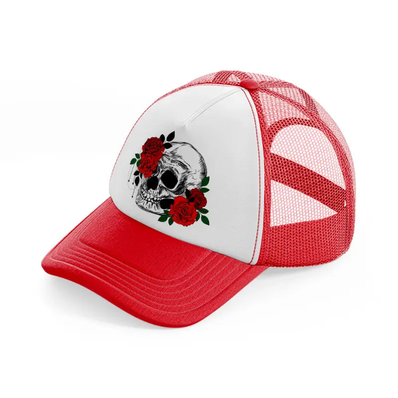 skull & roses-red-and-white-trucker-hat