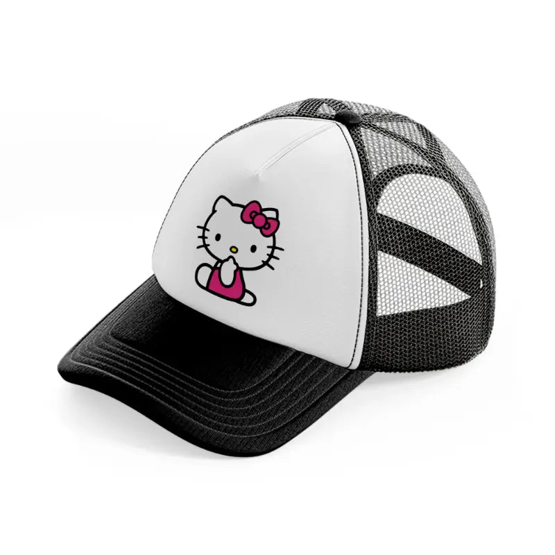 hello kitty curious-black-and-white-trucker-hat