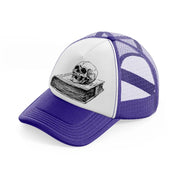 skull in book-purple-trucker-hat