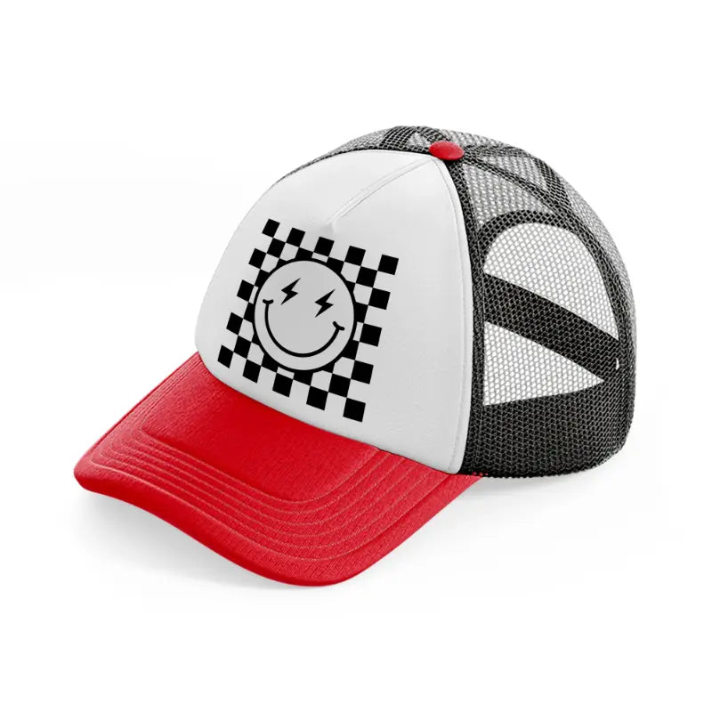 electrifying smiley-red-and-black-trucker-hat