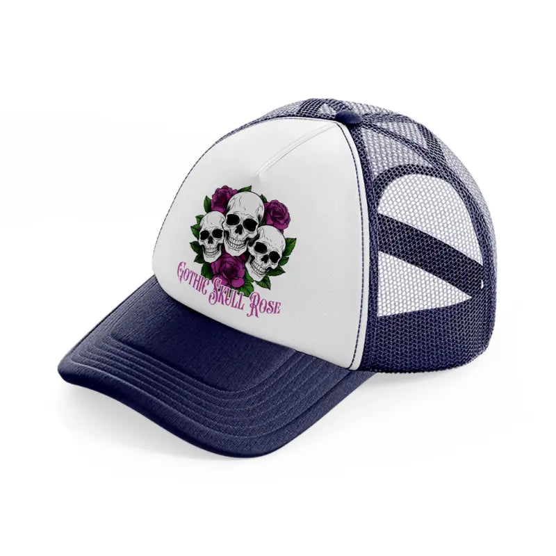 gothic skull rose-navy-blue-and-white-trucker-hat