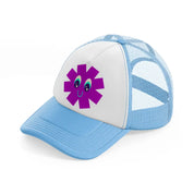 purple smiley flower sky blue trucker hat