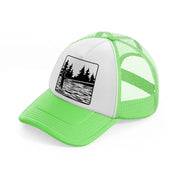 woman fishing at lake-lime-green-trucker-hat