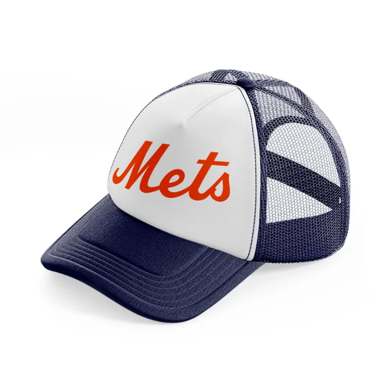 new york mets orange emblem-navy-blue-and-white-trucker-hat